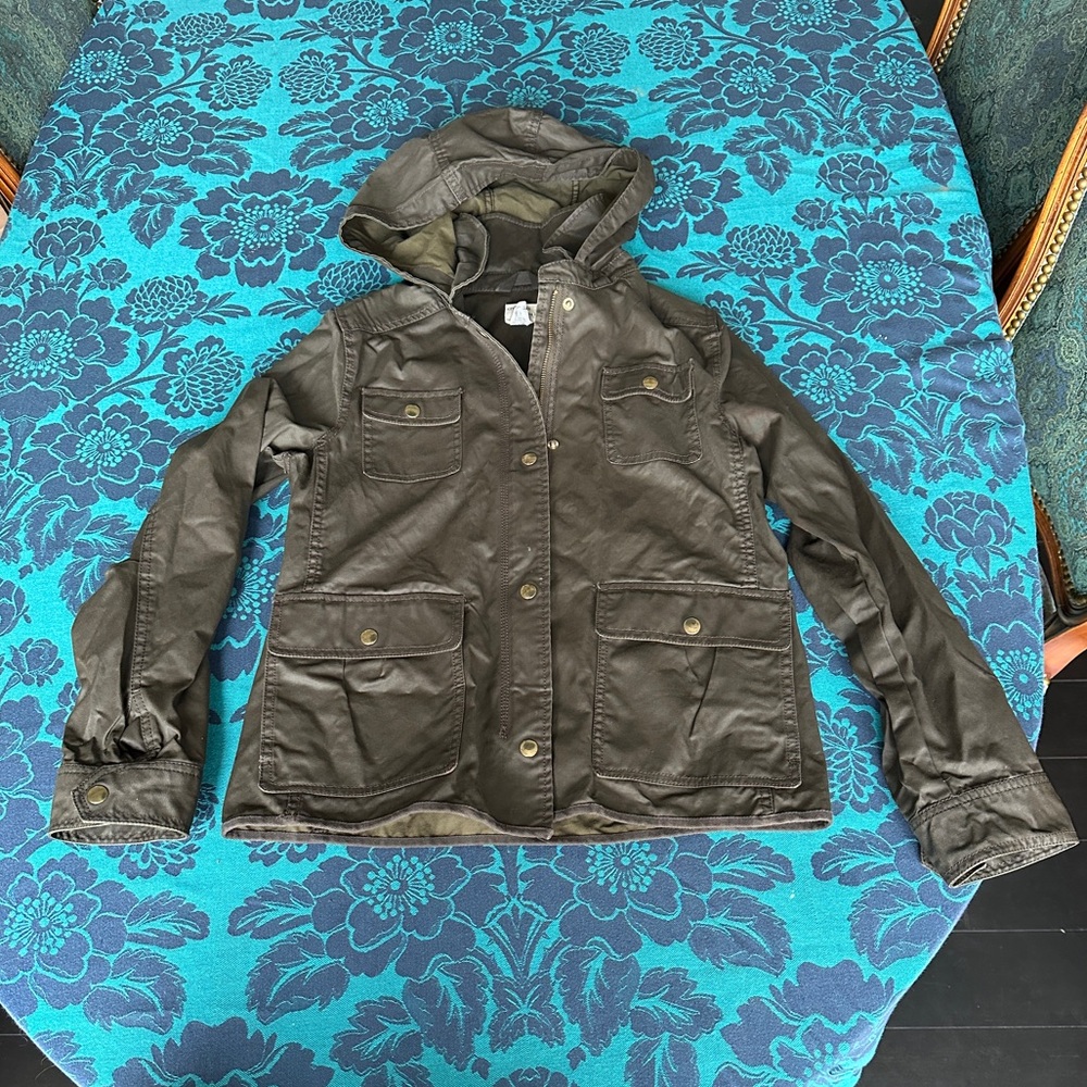 Crewcuts Girls 14 Barn Jacket Green Hood Light Spring Fall Mid Length